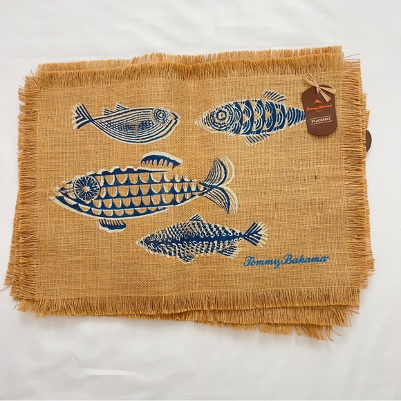 Tommy Bahama Fauna Tan Blue Fish Design Jute Burlap Placemats Set of 4 NWT - Picture 1 of 3
